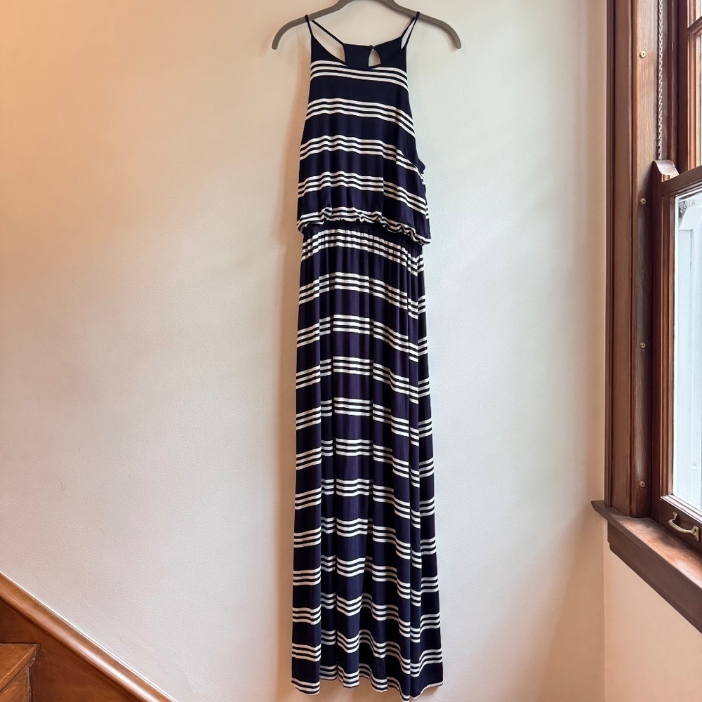 Ann Taylor Loft Blue & White Striped Maxi Dress Size Medium M Stretch